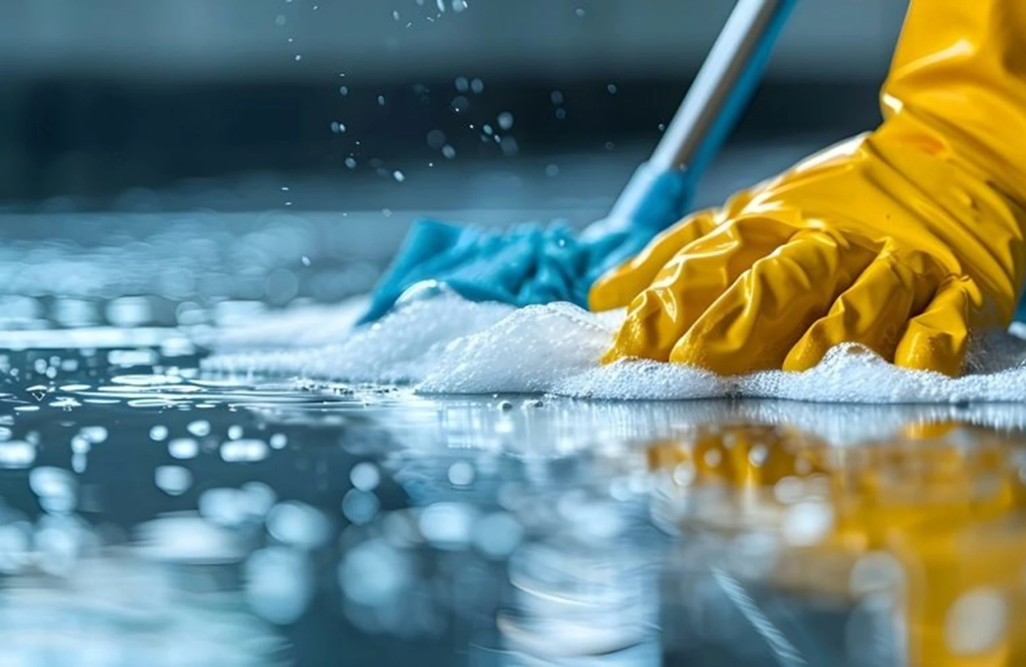 Gloved hand cleaning a surface with foam and water